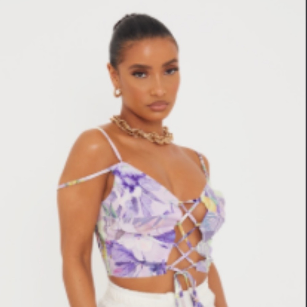 Lilac Printed Linen Look Raw Edge Lace Up Strappy Crop Top